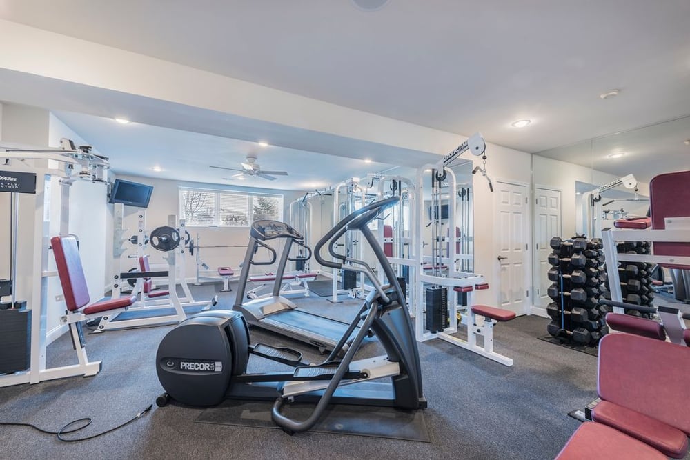 Gym equipment installed in a home basement