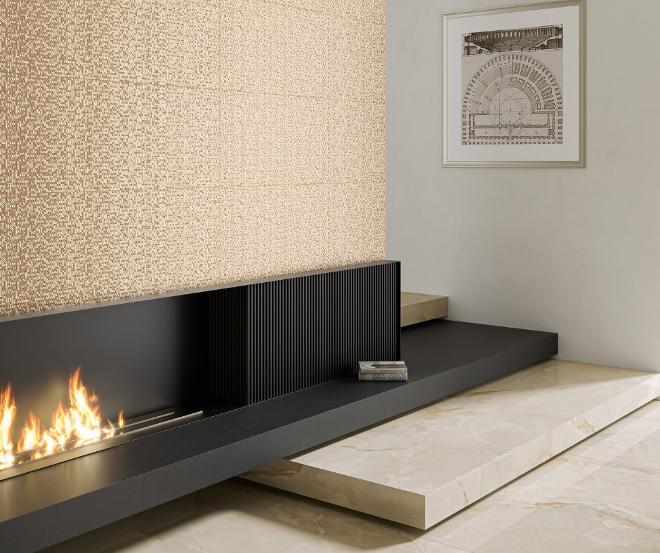 Minimalist fireplace design that is build into the marble staircase