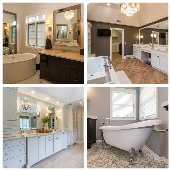 Grid of photos showing various bathroom designs