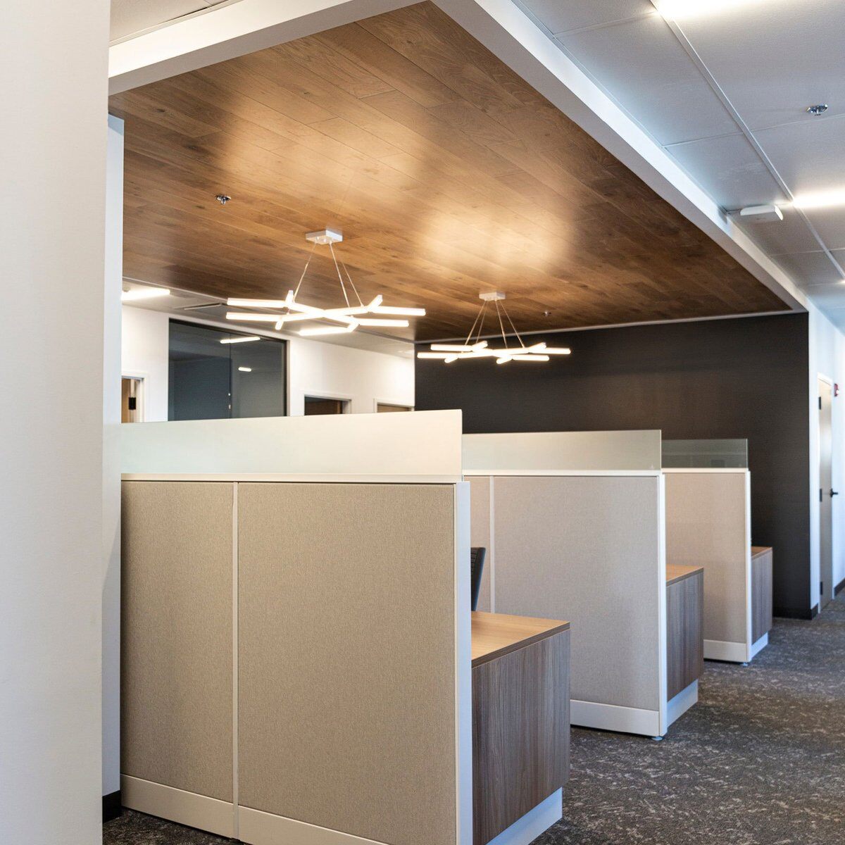 Office cubicles with modern overhead lighting and beige walls