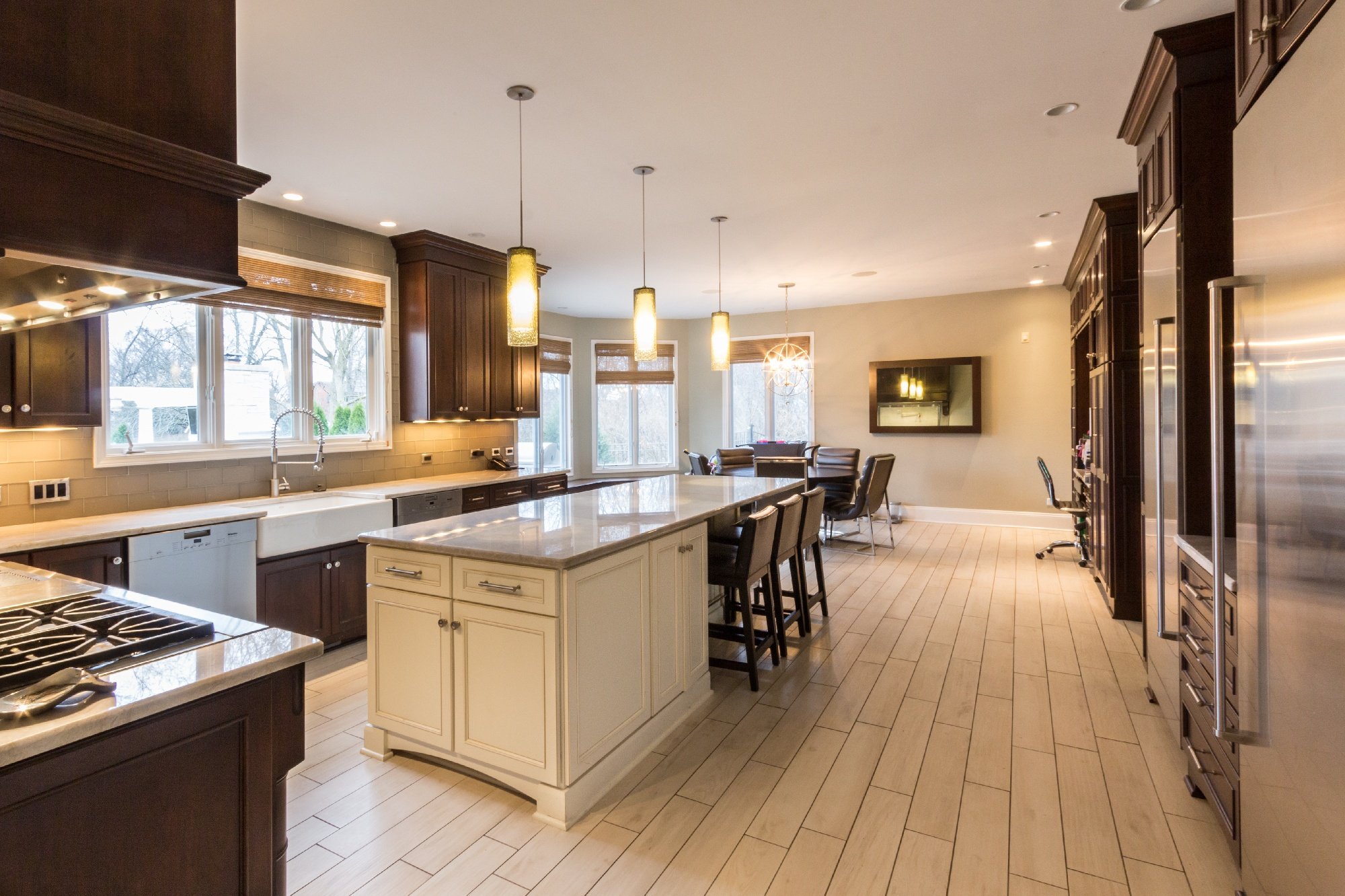 Remodeling kitchen with bright white birch luxury vinyl tile mimicking wood